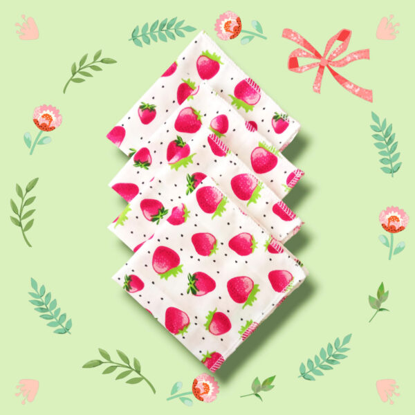 Lot 4 grands mouchoirs en coton lavables et réutilisables FRAISES (25 x 25 cm) Mouchoir alternatif et durable - Hanckies