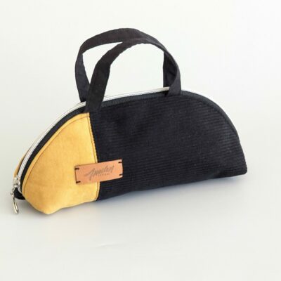 Trousse Maquillage Faite Main — Velours Noir & Suédine Jaune | Doublure Déperlante