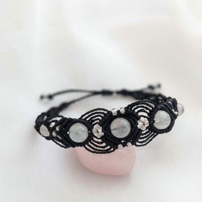 Bracelet Macramé Noir Quartz Rose Clair /Bijou Créateur/lithothérapie