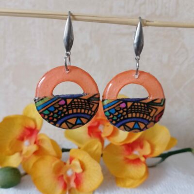 Boucles d'oreilles bicolore orange motifs abstraits