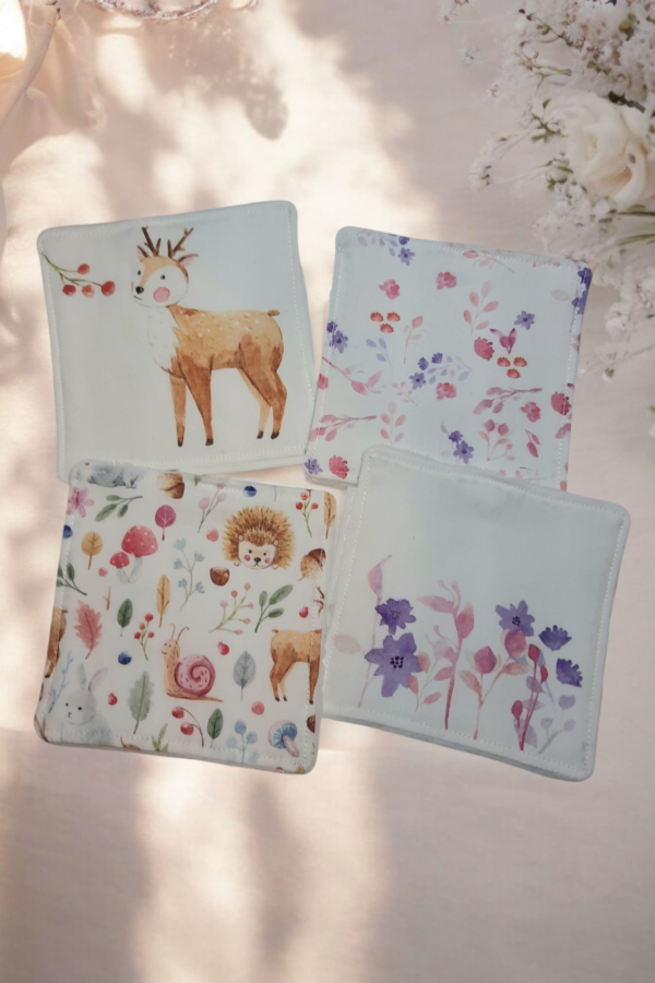 Lot de 4 Lingettes Lavables en Bambou - Motif Animaux Aquarelle