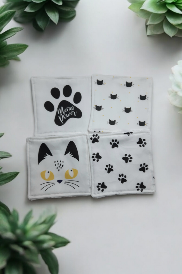 Lot de 4 Lingettes Démaquillantes Lavables - Motif Chat