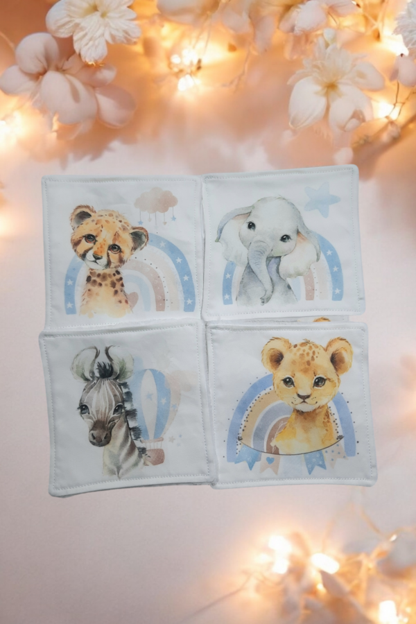 Lot de 4 Lingettes Lavables pour Bébé - Motif Animaux de la Savane