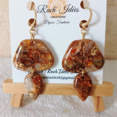 Boucles d'oreilles pâte polymère or cuivre scintillant