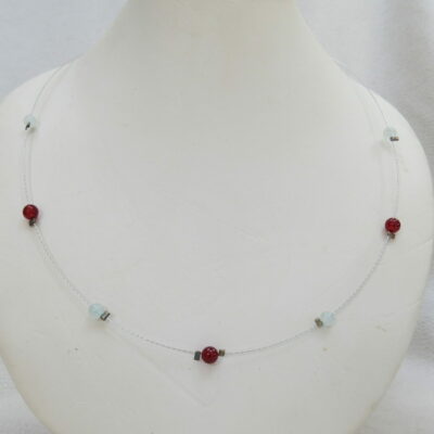 Collier cornaline et aigues marine monté sur câble
