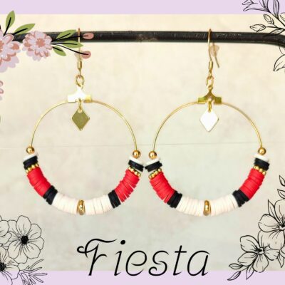 Boucle d'oreilles en perles heishi rouge, noir et blanc, monture dorée