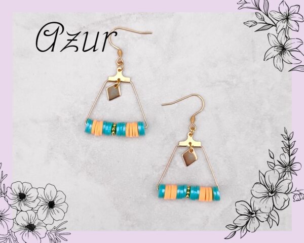 Boucle d'oreilles en perles heishi turquoise et orange, monture dorée