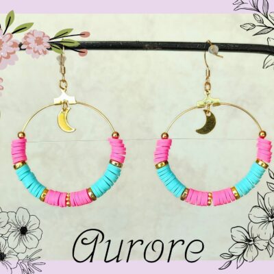 Boucle d'oreilles en perles heishi turquoise et rose, monture dorée