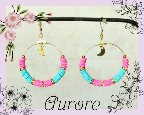 Boucle d'oreilles en perles heishi turquoise et rose, monture dorée