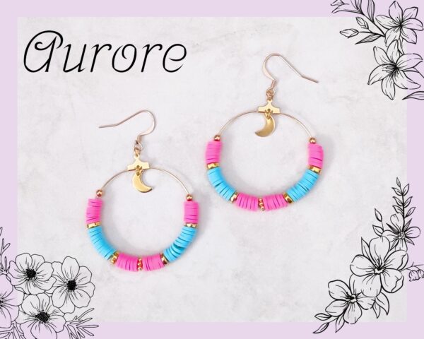 Boucle d'oreilles en perles heishi turquoise et rose, monture dorée