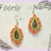 "Boucles d'oreilles artisanales en papier, fabriquées avec la technique du quilling. Modèle "Féérrie", orange, vert et gris, décorées de strass et verni pour plus de solidité. Bijoux fantaisie légers et élégants."