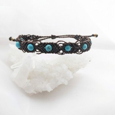 Bracelet Macramé Marron Et Perles En Pierre Fine Howlite Turquoise