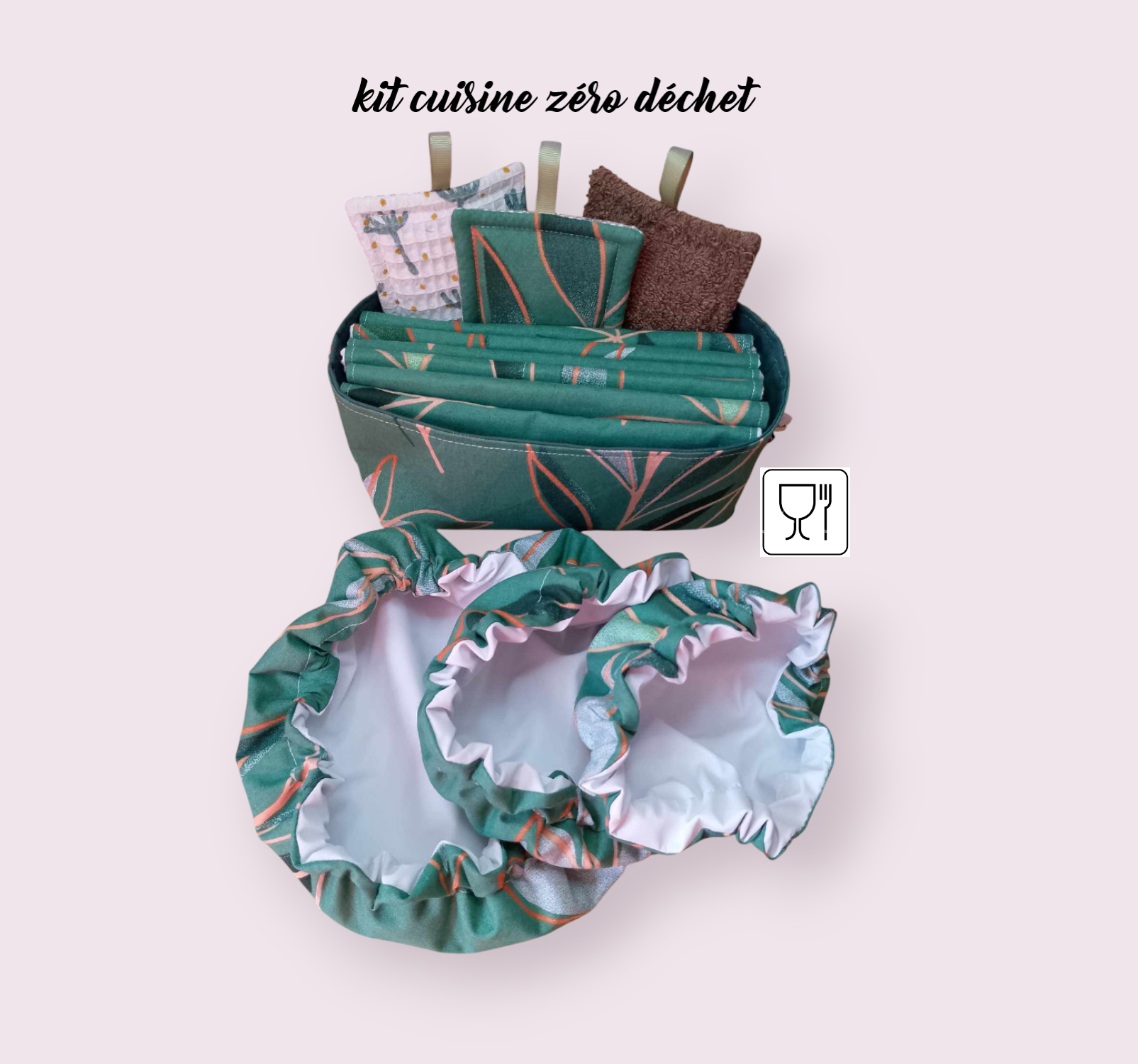 kit cuisine zéro déchet, panière, 6 essuie-tout, 3 charlottes et 3 éponges