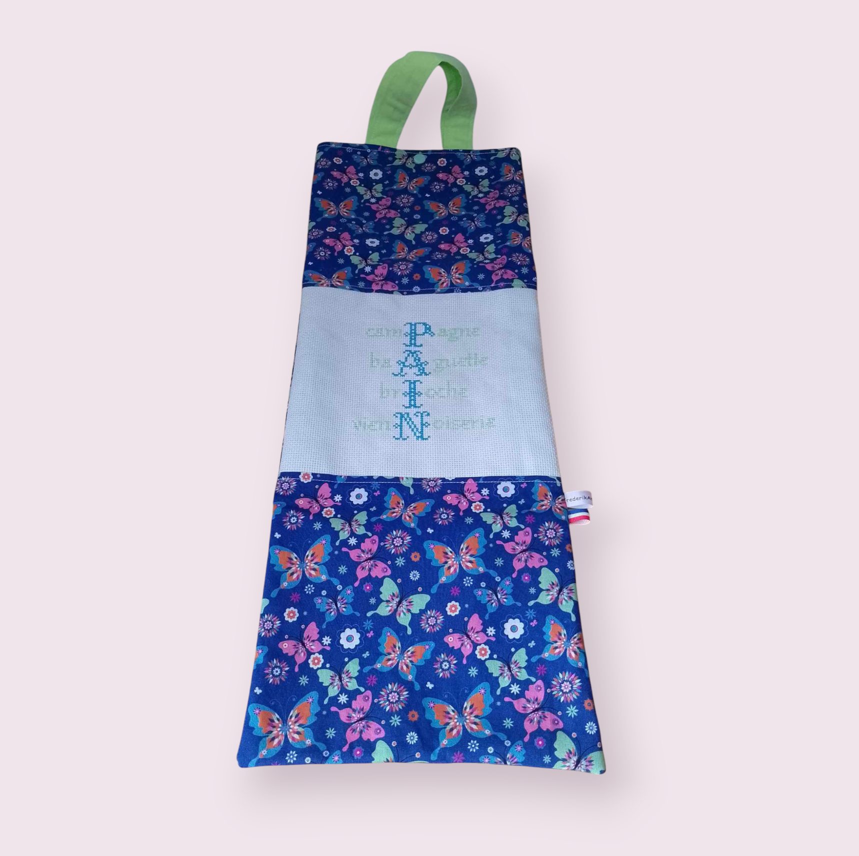 Sac à baguettes de pain brodé main, modèle unique, intérieur coton bio, modèle papillons