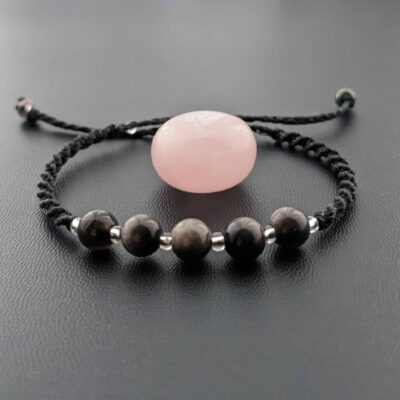 Bracelet Macramé Noir Avec Perles Obsidienne Argent. Bijou Unique créatrice
