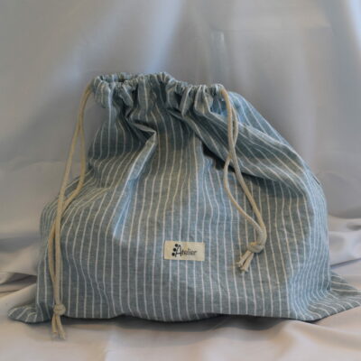 Sac à linge ou à sous vêtements en lin à rayures bleu lagon