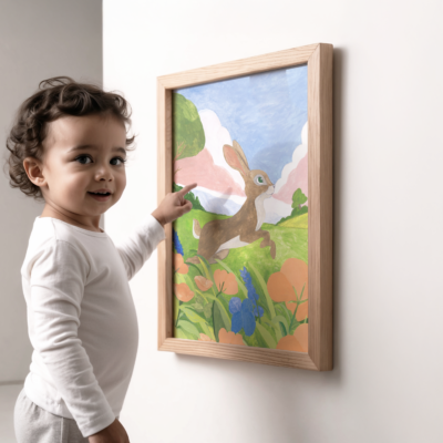 Pâques, Affiche décorative lapin dans un champ de fleurs, idée cadeau déco