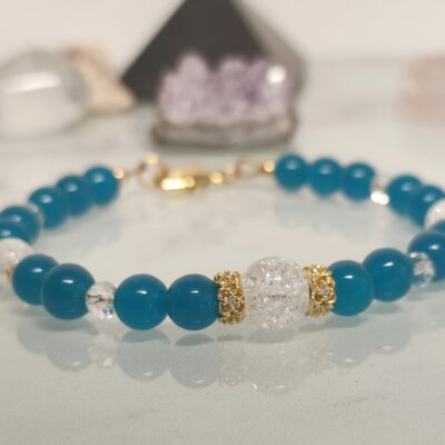 Bracelet Agate bleue, cristal de Roche craquelé et cristal sur gold filled