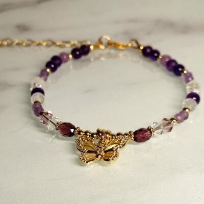 Bracelet en Améthyste, Lépidolite, Quartz craquelé et Pierre de Lune sur gold filled ( plaqué or ++)