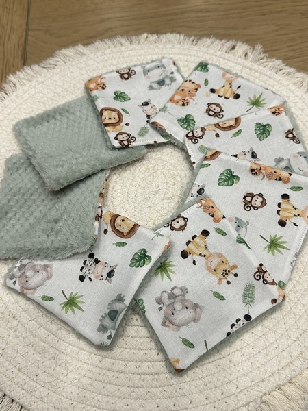 Lingettes lavables bébé motifs animaux savane éponge bambou, coton, polaire au choix - ATELIERSDISA