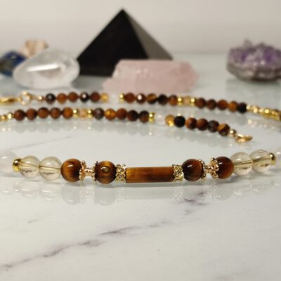 Collier œil de tigre, citrine et sélénite sur gold filled