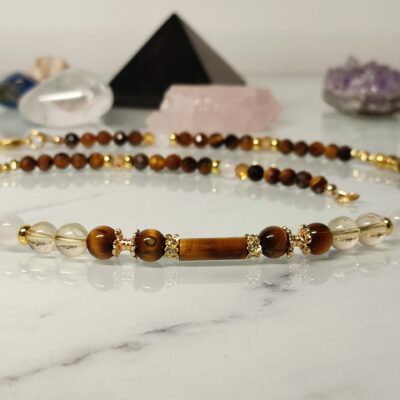 Collier œil de tigre, citrine et sélénite sur gold filled