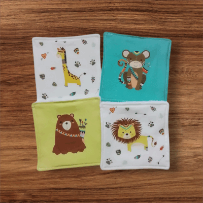 Lot de 4 Lingettes Lavables Bébé - Éponge de Bambou et Microfibre, Motifs Animaux