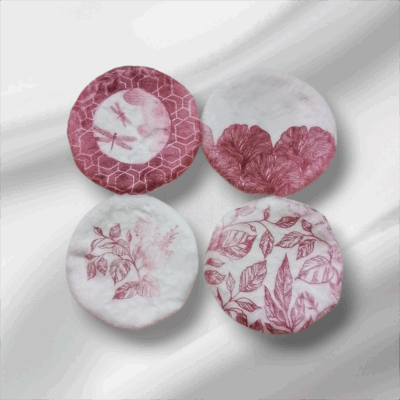 Lot de 4 Lingettes Rondes en Éponge Bambou & Microfibre - Motif Ginkgo Rose