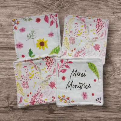 Lot 4 lingettes personnalisées en coton Oeko-Tex – Cadeau monitrice