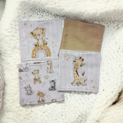 Lot de 4 Lingettes Lavables Bébé - Éponge de Bambou et coton, Motifs Animaux couleurs pastel