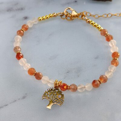 Bracelet Pierre du Soleil et Pierre de Lune - Breloque Arbre de Vie - Gold Filled 14k