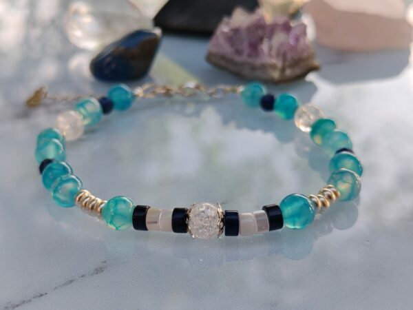Bracelet en Argent 925 et Agate bleu veine du dragon Cristal de roche et lapis lazuli