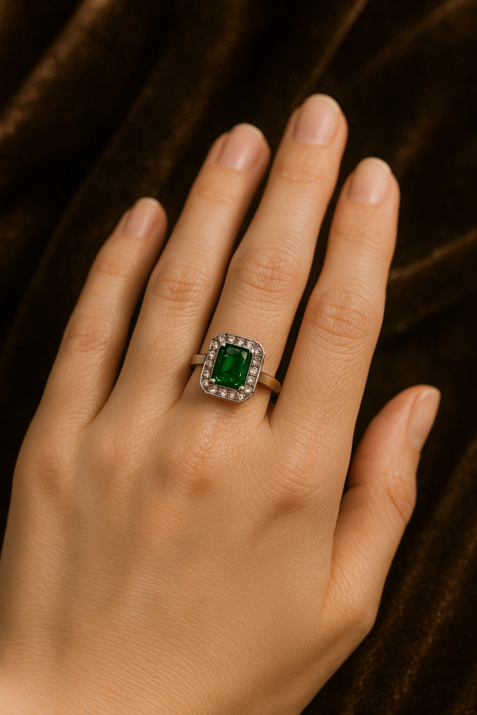 Bague En Argent Rhodié Avec émeraude De Laboratoire Vert Vif - Taille 6,25 - Modèle R5972