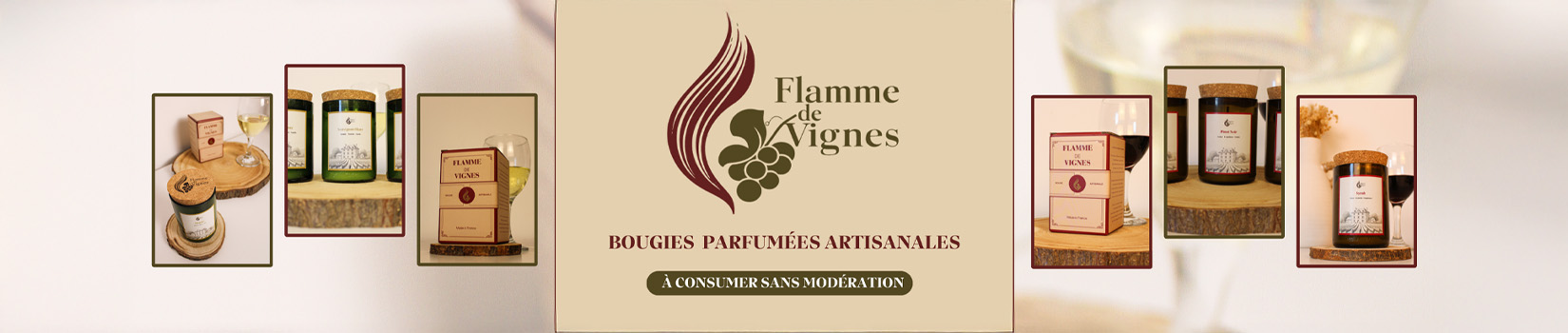 bannière Flamme de Vignes – bougies parfumées artisanales fabriquées à la main en bouteilles de vin recyclées, à consommer sans modération