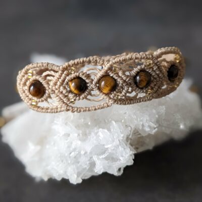 Bracelet Macramé Beige Et Perles Œil De Tigre / Bijou Unique Créateur