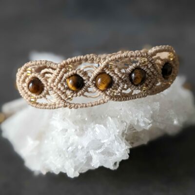Bracelet Macramé Beige Et Perles Œil De Tigre / Bijou Unique Créateur