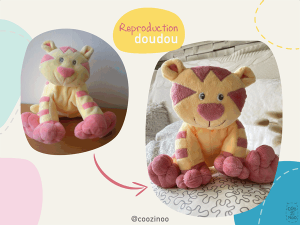 reproduction doudou chat tigre jaune et rose