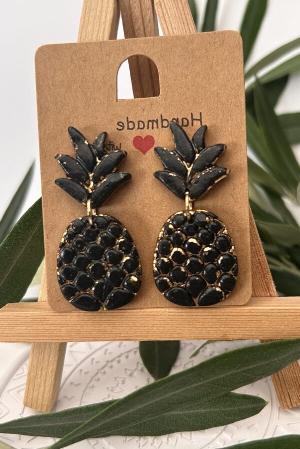 Boucles d’oreilles « Ananas » en pâte polymère, noir et or – Image 2