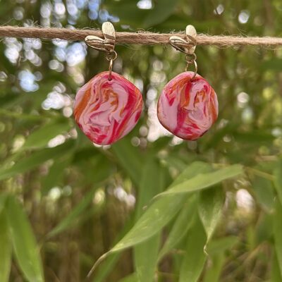 Boucles d’oreilles en pâte polymère « Tutti frutti » palet et coeur doré