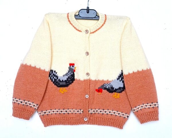 Veste enfant avec des poules, tricot fait main, taille 2 ans