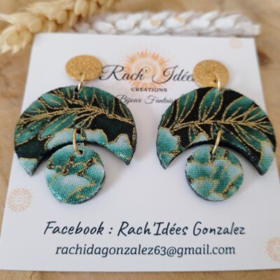 Boucles d'oreilles demi lune tissu imprimé feuillage
