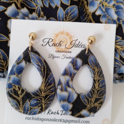 Boucles d'oreilles forme gouttes tissu imprimé bleu