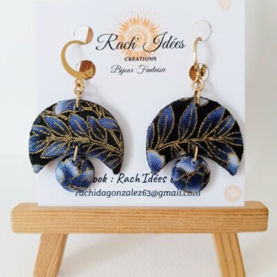Boucles d'oreilles demi lune tissu imprimé feuillage