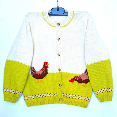 Gilet tricot enfant, avec des poules, taille 4 ans
