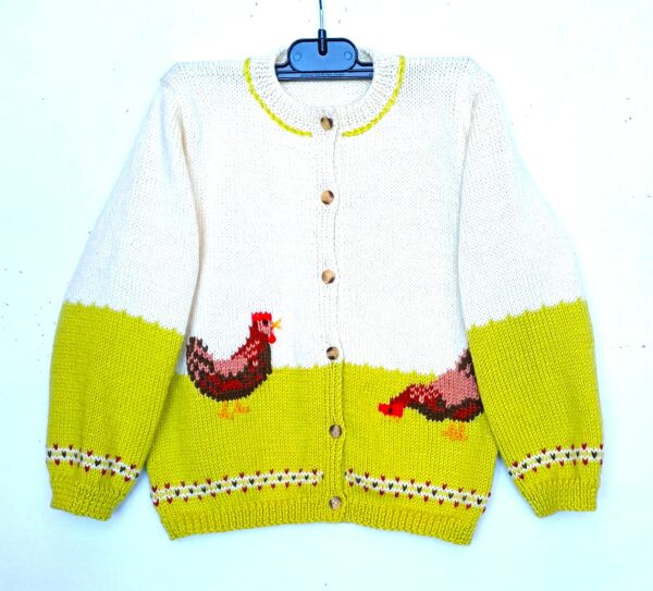 Gilet tricot enfant, avec des poules, taille 4 ans