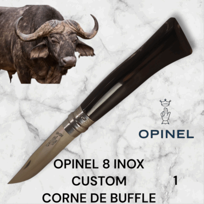1) Couteau Opinel Numéro 8 CUSTOM Manche en Corne de Buffle, Étui cuir OFFERT ,Fait Main, Artisanal et Unique, idée cadeau