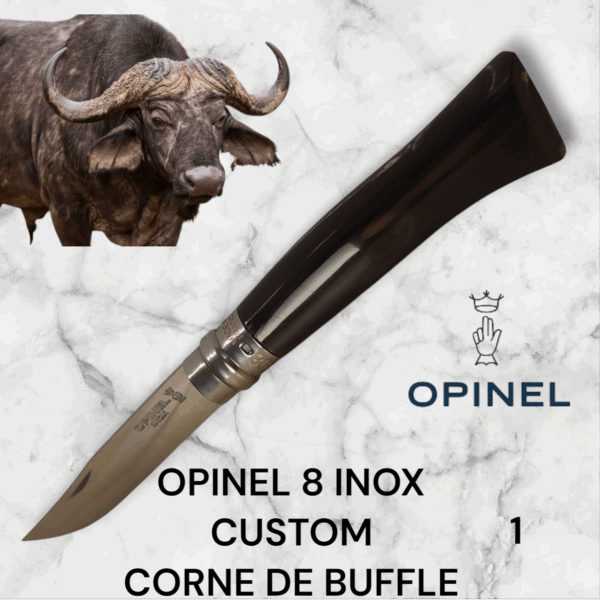 1) Couteau Opinel Numéro 8 CUSTOM Manche en Corne de Buffle, Étui cuir OFFERT ,Fait Main, Artisanal et Unique, idée cadeau