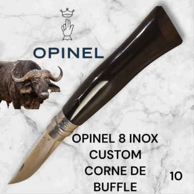 10) Couteau Opinel Numéro 8 CUSTOM Manche en Corne de Buffle, Étui cuir OFFERT ,Fait Main, Artisanal et Unique, idée cadeau