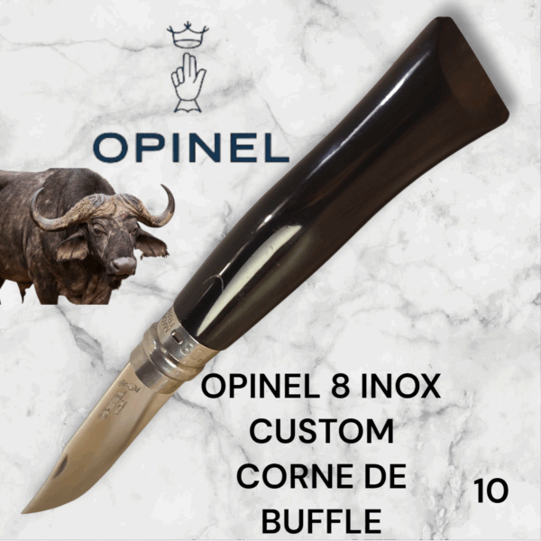 10) Couteau Opinel Numéro 8 CUSTOM Manche en Corne de Buffle, Étui cuir OFFERT ,Fait Main, Artisanal et Unique, idée cadeau