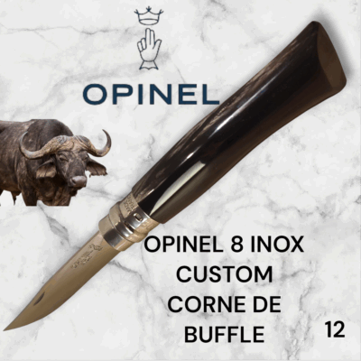 12) Couteau Opinel Numéro 8 CUSTOM Manche en Corne de Buffle, Étui cuir OFFERT ,Fait Main, Artisanal et Unique, idée cadeau